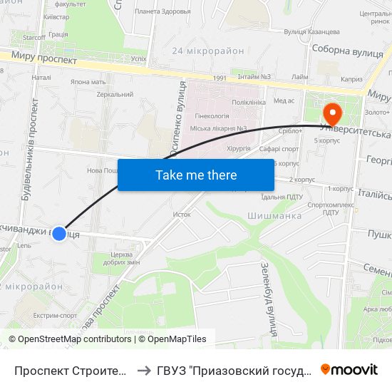 Проспект Строителей (Проспект Будівельників) to ГВУЗ "Приазовский государственный технический университет" map