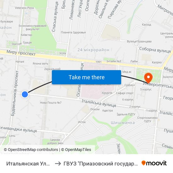 Итальянская Улица (Італійська Вулиця) to ГВУЗ "Приазовский государственный технический университет" map