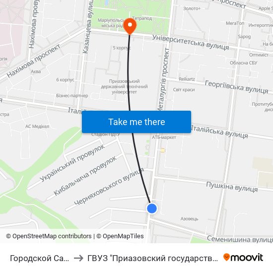 Городской Сад (Міський Сад) to ГВУЗ "Приазовский государственный технический университет" map