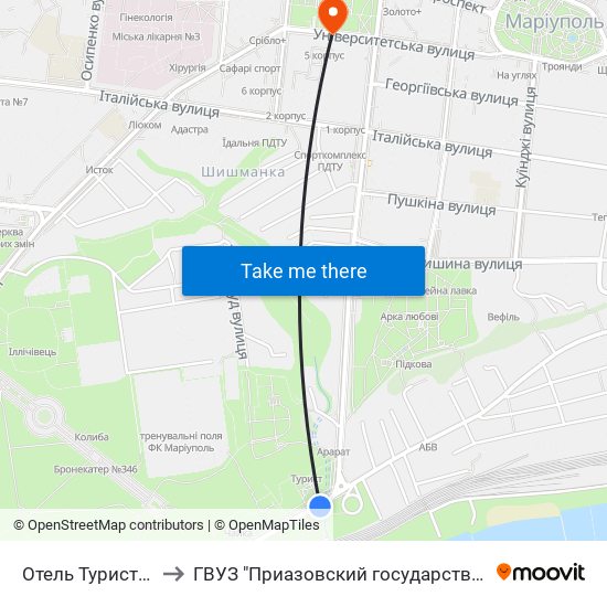 Отель Турист (Готель Турист) to ГВУЗ "Приазовский государственный технический университет" map