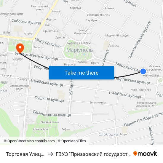 Торговая Улица (Торгова Вулиця) to ГВУЗ "Приазовский государственный технический университет" map