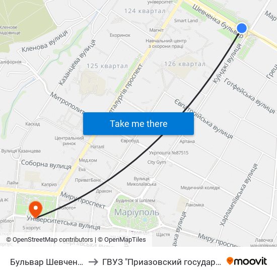Бульвар Шевченко (Бульвар Шевченка) to ГВУЗ "Приазовский государственный технический университет" map