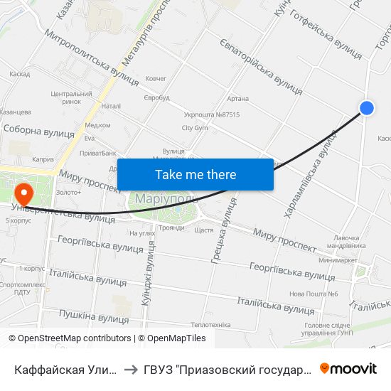 Каффайская Улица (Кафайська Вулиця) to ГВУЗ "Приазовский государственный технический университет" map