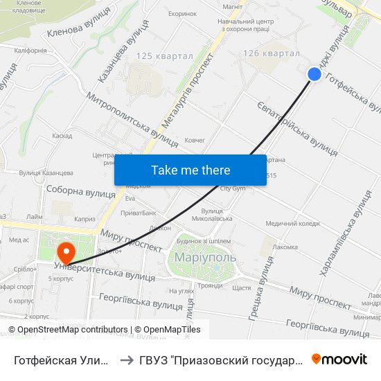 Готфейская Улица (Готфейська Вулиця) to ГВУЗ "Приазовский государственный технический университет" map