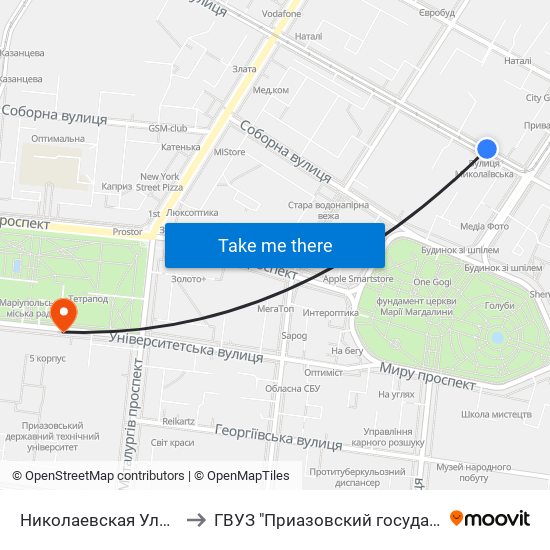 Николаевская Улица (Миколаївська Вулиця) to ГВУЗ "Приазовский государственный технический университет" map