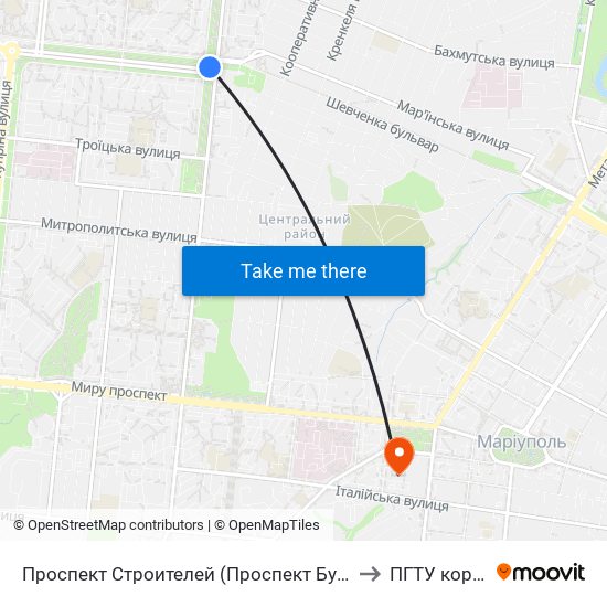 Проспект Строителей (Проспект Будівельників) to ПГТУ корпус 1 map