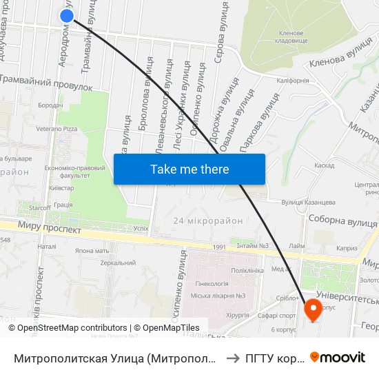 Митрополитская Улица (Митрополитська Вулиця) to ПГТУ корпус 1 map