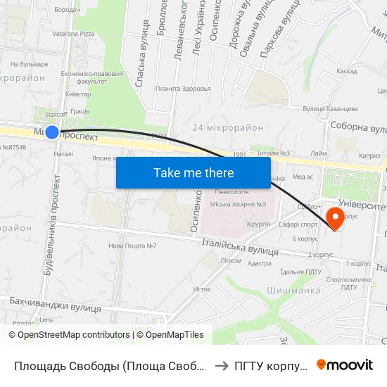 Площадь Свободы (Площа Свободи) to ПГТУ корпус 1 map