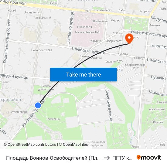Площадь Воинов-Освободителей (Площа Воїнів-Визволителів) to ПГТУ корпус 1 map