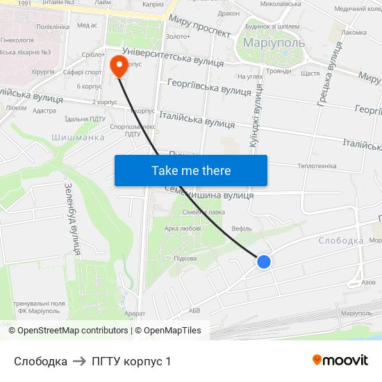 Слободка to ПГТУ корпус 1 map