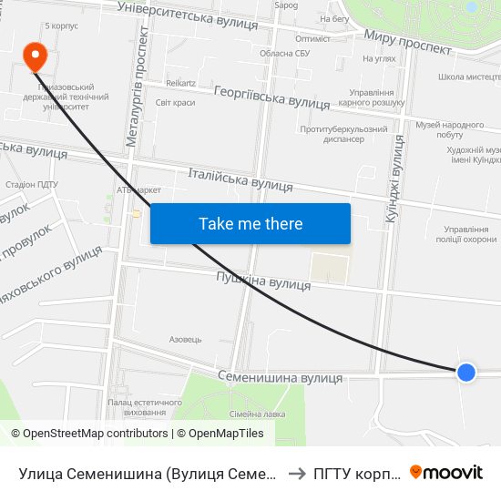 Улица Семенишина (Вулиця Семенишина) to ПГТУ корпус 1 map