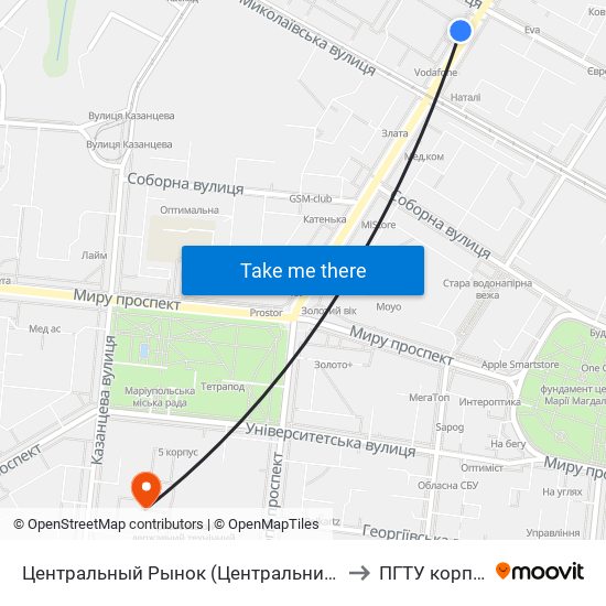 Центральный Рынок (Центральний Ринок) to ПГТУ корпус 1 map