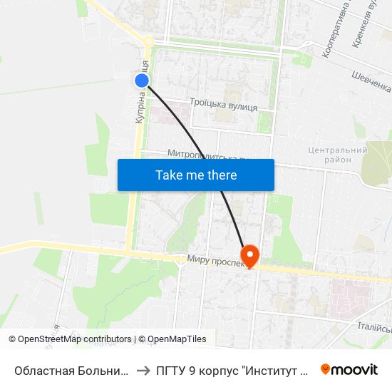 Областная Больница (Обласна Лікарня) to ПГТУ 9 корпус "Институт Экономики и Менеджмента" map