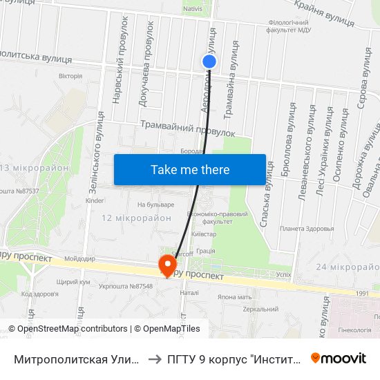 Митрополитская Улица (Митрополитська Вулиця) to ПГТУ 9 корпус "Институт Экономики и Менеджмента" map