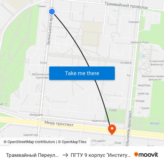 Трамвайный Переулок (Трамвайний Провулок) to ПГТУ 9 корпус "Институт Экономики и Менеджмента" map