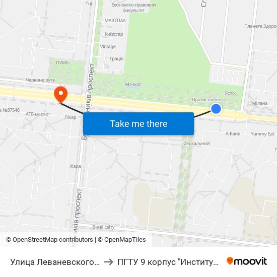 Улица Леваневского (Вулиця Леваневського) to ПГТУ 9 корпус "Институт Экономики и Менеджмента" map
