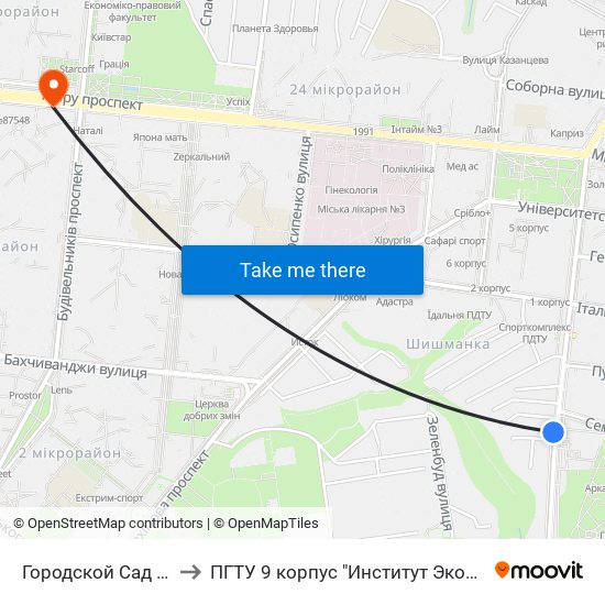 Городской Сад (Міський Сад) to ПГТУ 9 корпус "Институт Экономики и Менеджмента" map