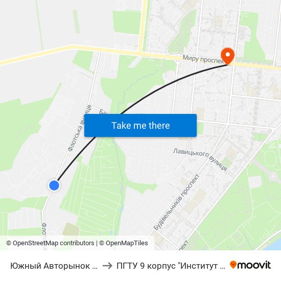 Южный Авторынок (Південний Авторинок) to ПГТУ 9 корпус "Институт Экономики и Менеджмента" map