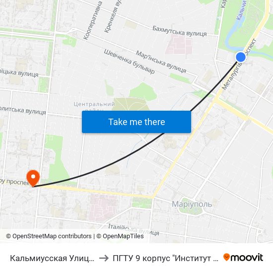 Кальмиусская Улица (Кальміуська Вулиця) to ПГТУ 9 корпус "Институт Экономики и Менеджмента" map