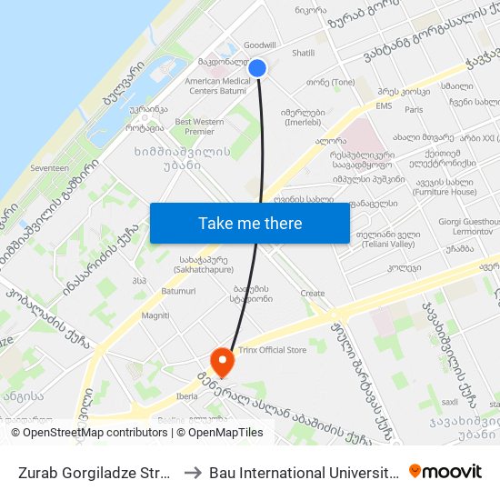 Zurab Gorgiladze Street, 105 to Bau International University Batumi map