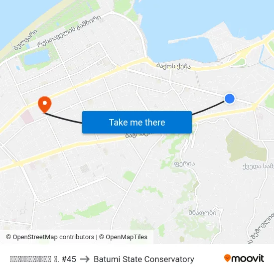 მაიაკოვსკის ქ. #45 to Batumi State Conservatory map