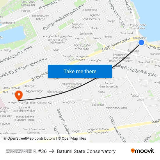 გოგებაშვილის ქ. #36 to Batumi State Conservatory map