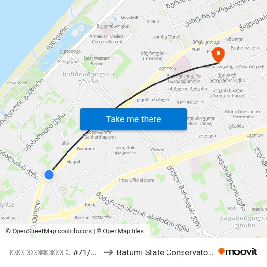 ტბელ აბუსერიძის ქ. #71/73 to Batumi State Conservatory map