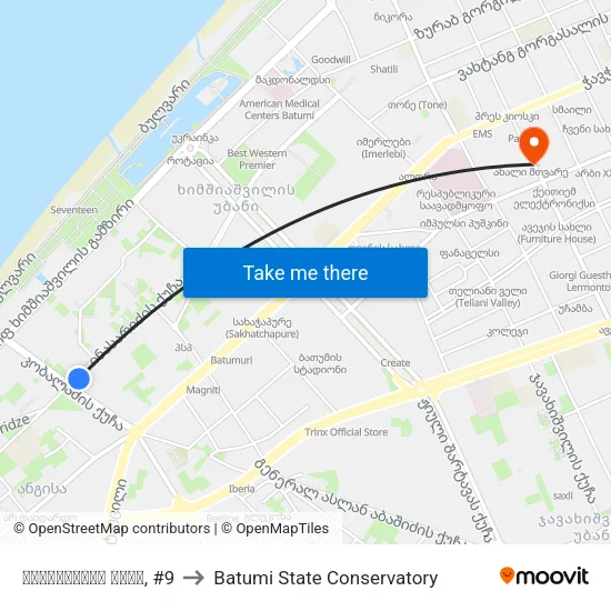 9 Inasaridze Street to Batumi State Conservatory map