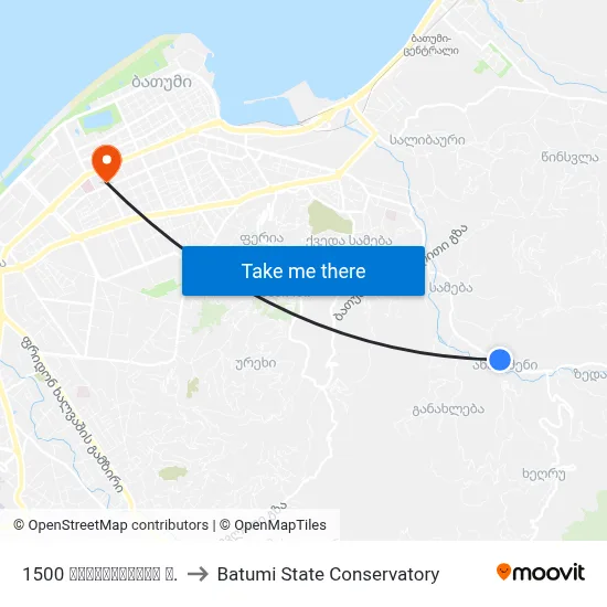 1500 მაიაკოვსკის ქ. to Batumi State Conservatory map