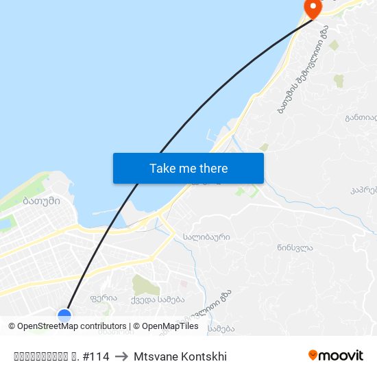 ვარშანიძის ქ. #114 to Mtsvane Kontskhi map