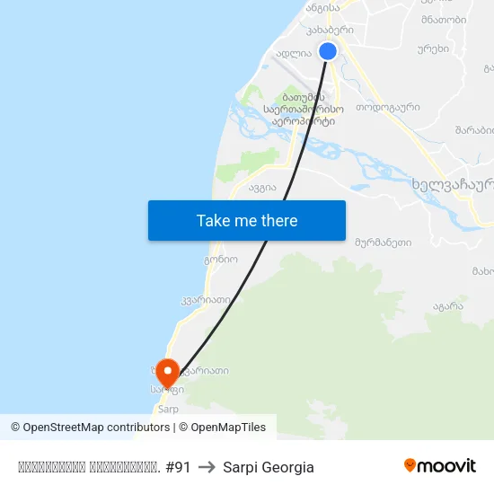 აეროპორტის გზადკეცილი. #91 to Sarpi Georgia map