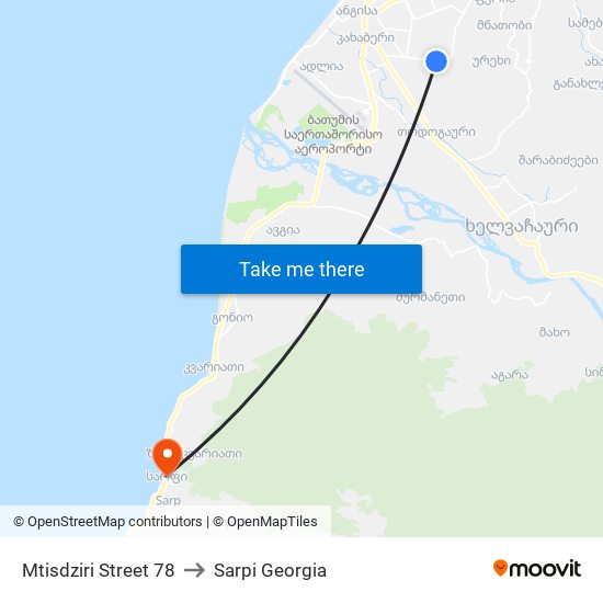 Mtisdziri Street 78 to Sarpi Georgia map