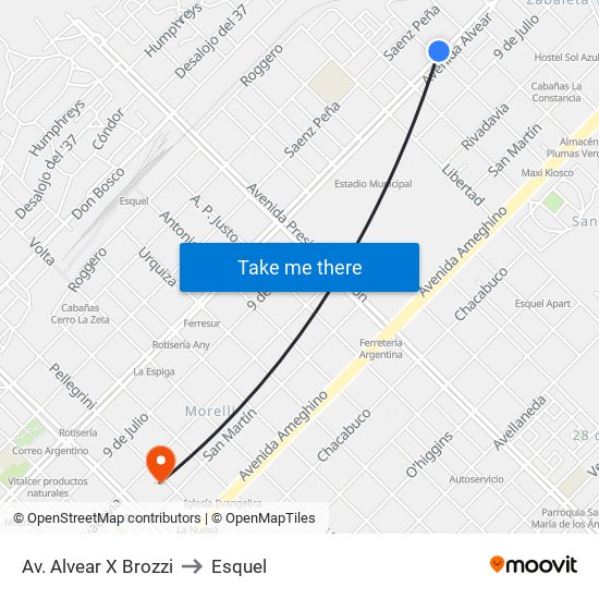 Av. Alvear X Brozzi to Esquel map