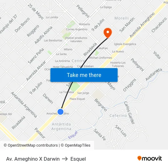 Av. Ameghino X Darwin to Esquel map