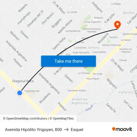 Avenida Hipólito Yrigoyen, 800 to Esquel map