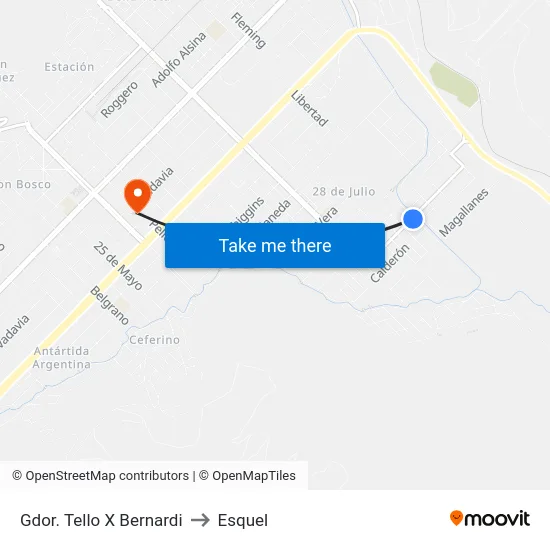 Gdor. Tello X Bernardi to Esquel map