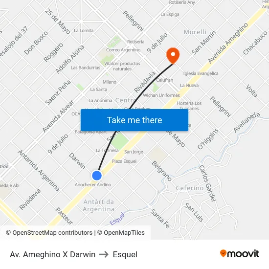 Av. Ameghino X Darwin to Esquel map