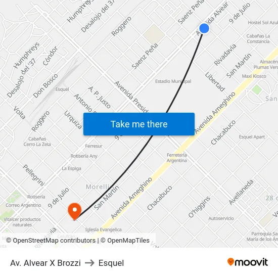Av. Alvear X Brozzi to Esquel map