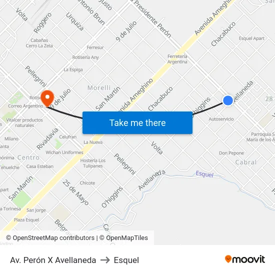 Av. Perón X Avellaneda to Esquel map