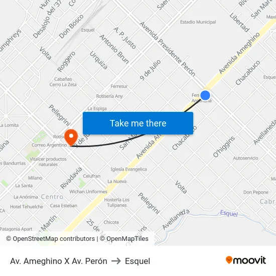 Av. Ameghino X Av. Perón to Esquel map