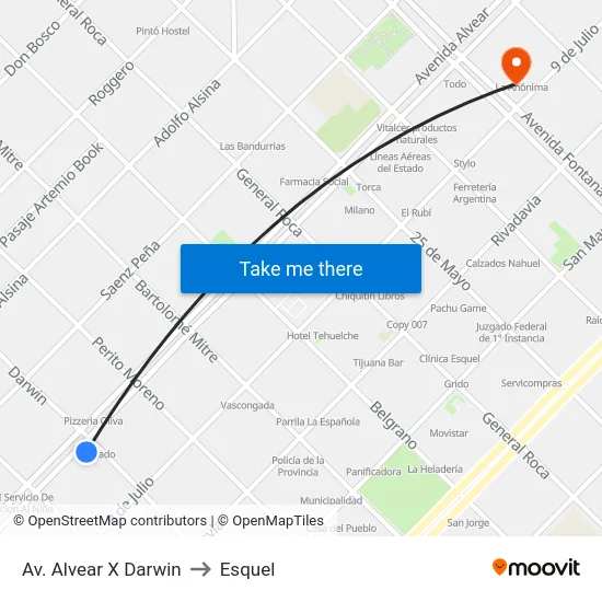 Av. Alvear X Darwin to Esquel map