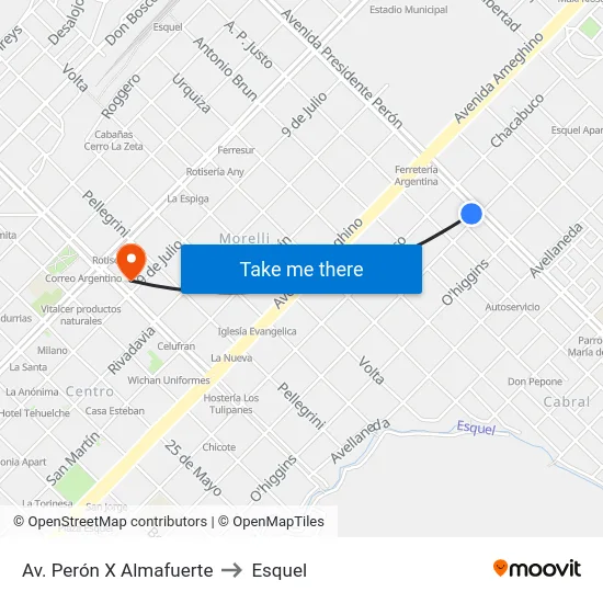 Av. Perón X Almafuerte to Esquel map