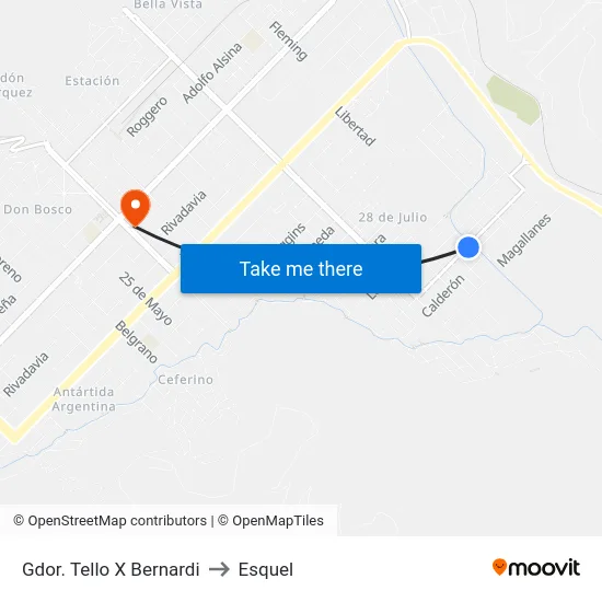 Gdor. Tello X Bernardi to Esquel map