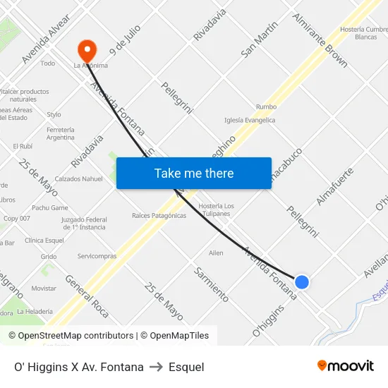 O' Higgins X Av. Fontana to Esquel map