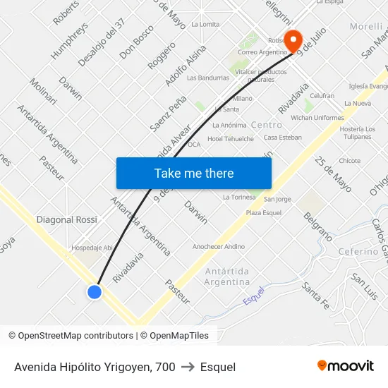 Avenida Hipólito Yrigoyen, 700 to Esquel map