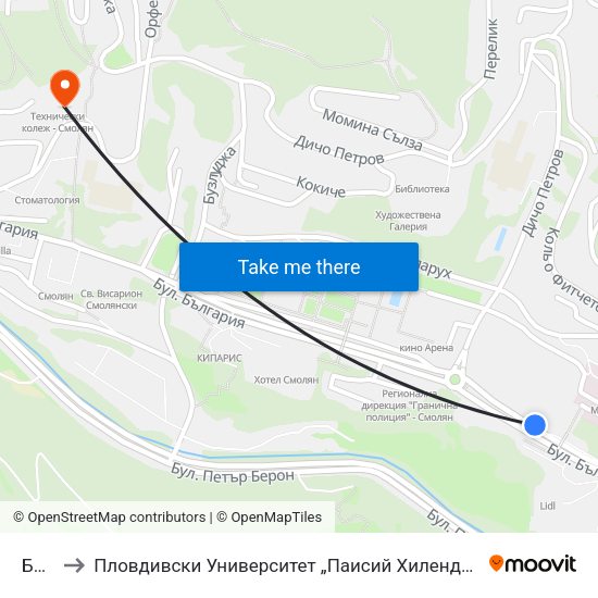 Болница to Пловдивски Университет „Паисий Хилендарски“, Филиал Смолян, Физико-Технологичен Факултет map