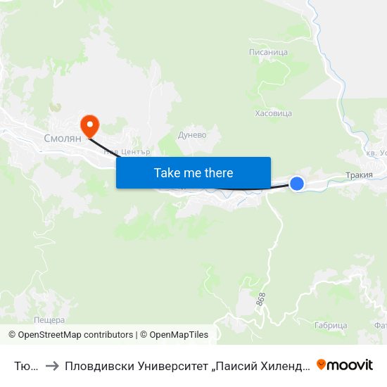Тютюнева to Пловдивски Университет „Паисий Хилендарски“, Филиал Смолян, Физико-Технологичен Факултет map