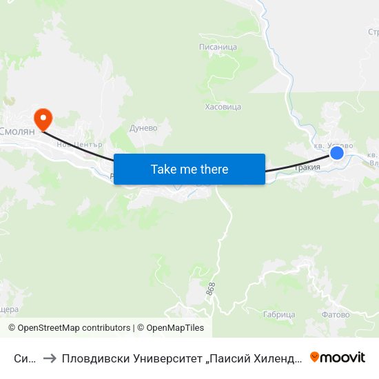 Синдикат to Пловдивски Университет „Паисий Хилендарски“, Филиал Смолян, Физико-Технологичен Факултет map