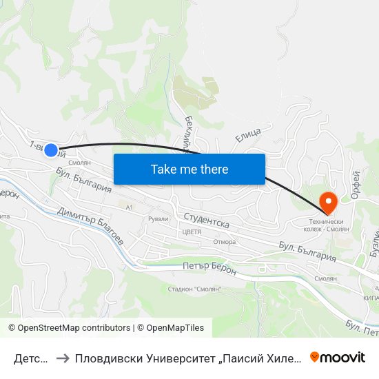 Детска Градина to Пловдивски Университет „Паисий Хилендарски“, Филиал Смолян, Физико-Технологичен Факултет map