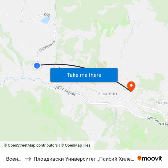 Военни Блокове to Пловдивски Университет „Паисий Хилендарски“, Филиал Смолян, Физико-Технологичен Факултет map
